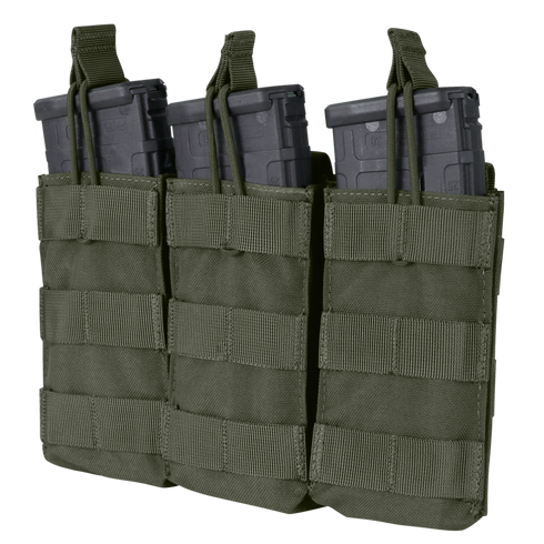 The Condor Triple M4/M16 Open-Top Mag Pouch in olive drab securely holds three black rifle magazines, each in its own pocket with retention straps on top.