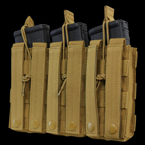 The Condor Triple M4/M16 Open-Top Mag Pouch in Scorpion OCP securely holds three rifle magazines with durable nylon construction, ideal for tactical, military, and law enforcement use.