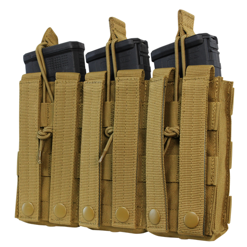 The Condor Triple M4/M16 Open-Top Mag Pouch in Scorpion OCP securely holds three rifle magazines with durable nylon construction, ideal for tactical, military, and law enforcement use.