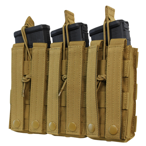 The Condor Triple M4/M16 Open-Top Mag Pouch in MultiCam securely holds three rifle magazines with adjustable straps and snap buttons—perfect for military use or as EDC gear at the shooting range.
