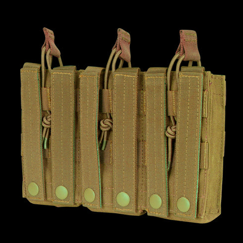 Condor Triple M4/M16 Open-Top Mag Pouch in Scorpion OCP securely holds three rifle magazines, featuring quick-access open-top design for tactical use.