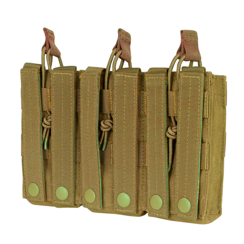 Condor Triple M4/M16 Open-Top Mag Pouch in Scorpion OCP securely holds three rifle magazines, featuring quick-access open-top design for tactical use.