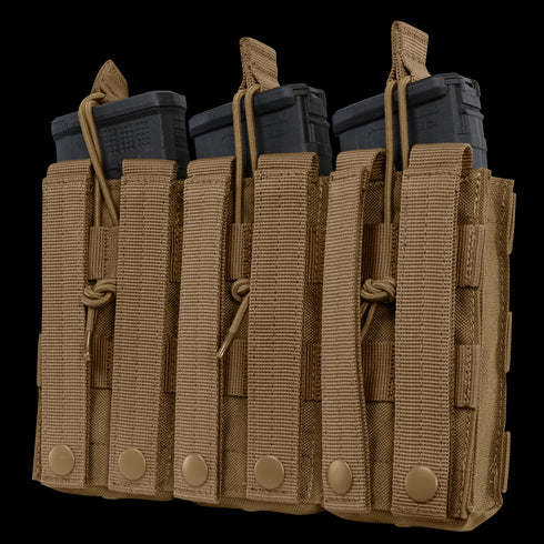Four Condor Triple M4/M16 Open-Top Mag Pouches in tan, each carrying black magazines and secured with straps and snap buttons.