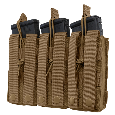 Four Condor Triple M4/M16 Open-Top Mag Pouches in tan, each carrying black magazines and secured with straps and snap buttons.