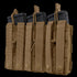 Four Condor Triple M4/M16 Open-Top Mag Pouches in tan, each carrying black magazines and secured with straps and snap buttons.