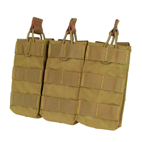 The Condor Triple M4/M16 Open-Top Mag Pouch in Scorpion OCP features three compartments and MOLLE webbing for secure attachment to tactical gear, ideal for military or law enforcement use.