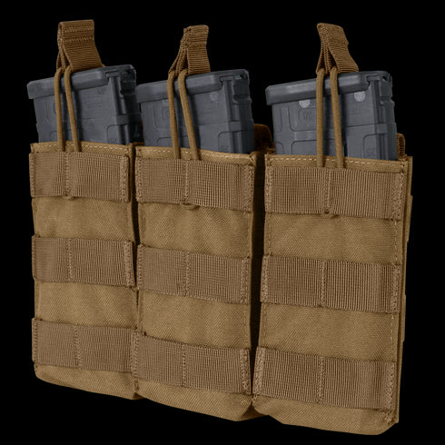 The Condor Triple M4/M16 Open-Top Mag Pouch holds three black rifle magazines and features MOLLE webbing on the front for attachment.