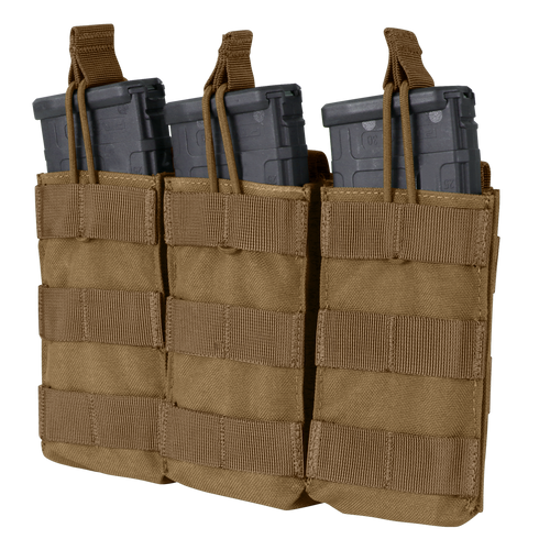 The Condor Triple M4/M16 Open-Top Mag Pouch holds three black rifle magazines and features MOLLE webbing on the front for attachment.