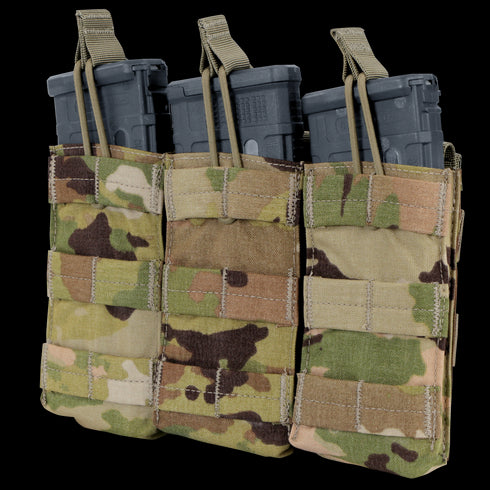 The Condor Triple M4/M16 Open-Top Mag Pouch in Scorpion OCP securely holds three rifle magazines with top pull tabs for quick access.
