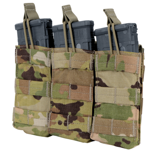 The Condor Triple M4/M16 Open-Top Mag Pouch in Scorpion OCP securely holds three rifle magazines with top pull tabs for quick access.