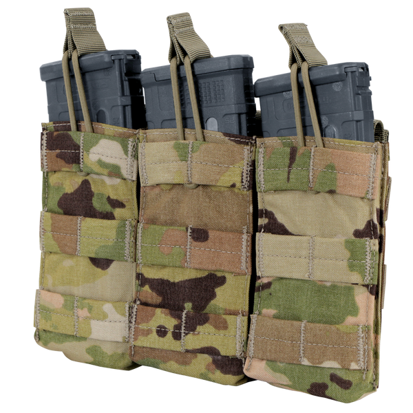 The Condor Triple M4/M16 Open-Top Mag Pouch in Scorpion OCP securely holds three rifle magazines with top pull tabs for quick access.