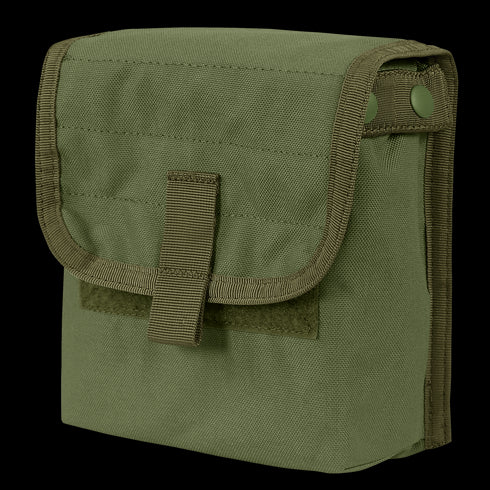 The Condor Ammo Pouch is an olive drab, rectangular fabric pouch with a flap secured by Velcro and two side snaps.