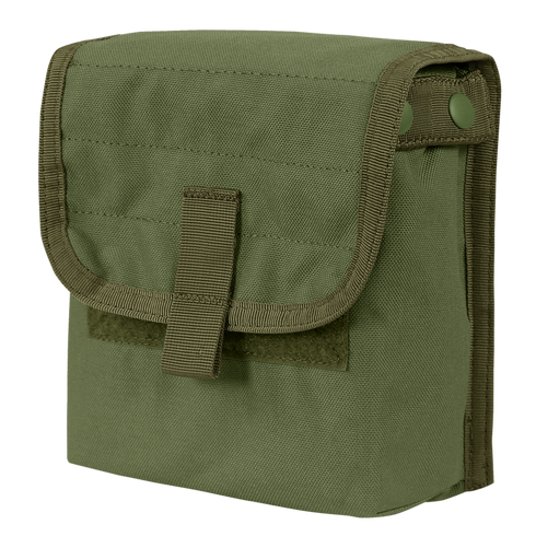 The Condor Ammo Pouch is an olive drab, rectangular fabric pouch with a flap secured by Velcro and two side snaps.