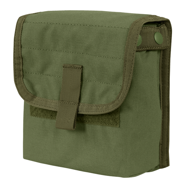 The Condor Ammo Pouch is an olive drab, rectangular fabric pouch with a flap secured by Velcro and two side snaps.