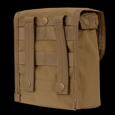 The Condor Ammo Pouch is a tan tactical pouch with MOLLE webbing and snap button straps on the back, ideal for attaching to gear or backpacks.