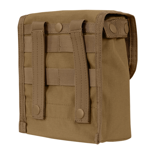 The Condor Ammo Pouch is a tan tactical pouch with MOLLE webbing and snap button straps on the back, ideal for attaching to gear or backpacks.