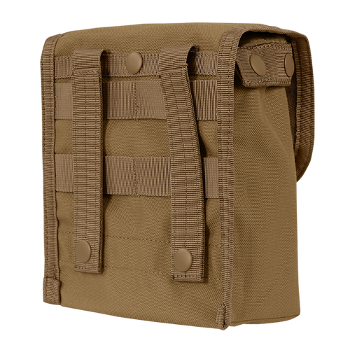 The Condor Ammo Pouch is a tan tactical pouch with MOLLE webbing and snap button straps on the back, ideal for attaching to gear or backpacks.