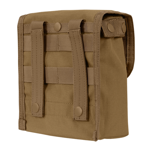 The Condor Ammo Pouch is a tan tactical pouch with snap-button straps and MOLLE webbing on the back, ideal for attaching to military or outdoor gear.