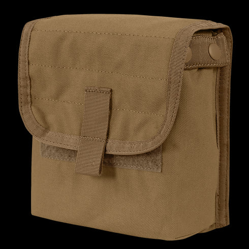 The Condor Ammo Pouch is a brown, rectangular canvas pouch featuring a flap closure secured with a Velcro strap and two snap buttons on the side.