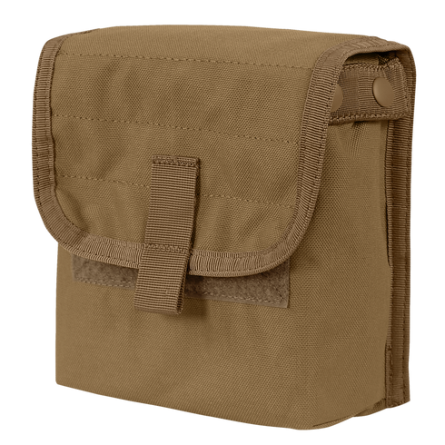 The Condor Ammo Pouch is a brown, rectangular canvas pouch featuring a flap closure secured with a Velcro strap and two snap buttons on the side.