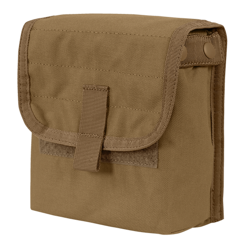 The Condor Ammo Pouch is a brown, rectangular canvas pouch featuring a flap closure secured with a Velcro strap and two snap buttons on the side.