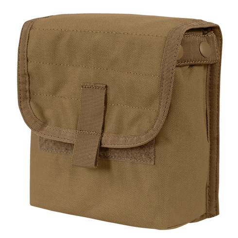 The Condor Ammo Pouch is a brown, rectangular canvas pouch featuring a flap closure secured with a Velcro strap and two snap buttons on the side.
