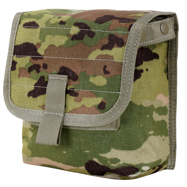 The Condor Ammo Pouch in Scorpion OCP is a small, rectangular camouflage pouch featuring a flap closure secured by a fabric tab and snap buttons.