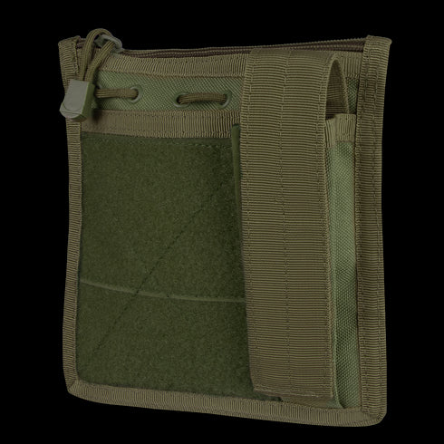 The Condor Admin Pouch is a green tactical pouch with a zippered closure, front pocket, and a wide right-side strap, designed for carrying small gear or accessories.