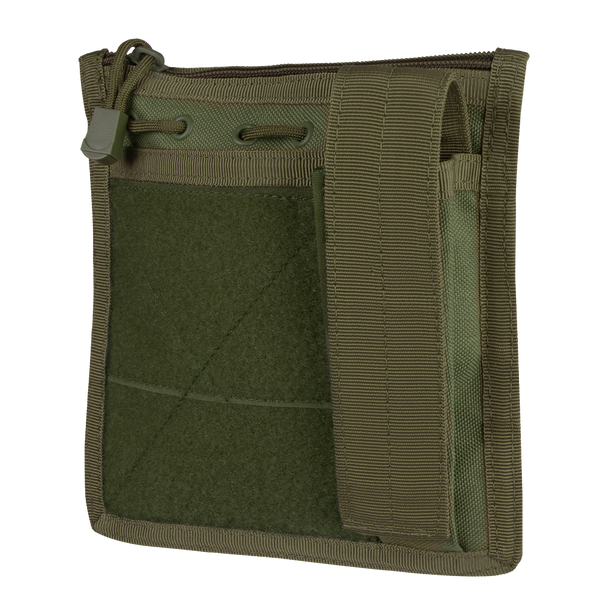 The Condor Admin Pouch is a green tactical pouch with a zippered closure, front pocket, and a wide right-side strap, designed for carrying small gear or accessories.
