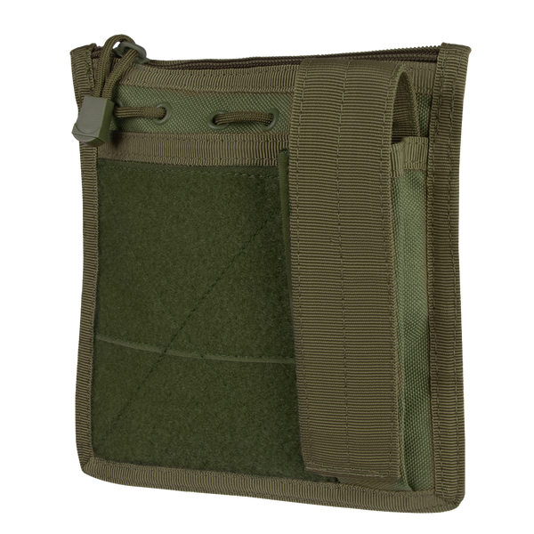 The Condor Admin Pouch is a green tactical pouch with a zippered closure, front pocket, and a wide right-side strap, designed for carrying small gear or accessories.
