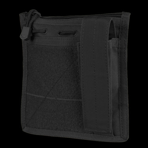 The Condor Admin Pouch is a black, square tactical pouch featuring a front pocket, zipper closure, and a wide strap on the right side.