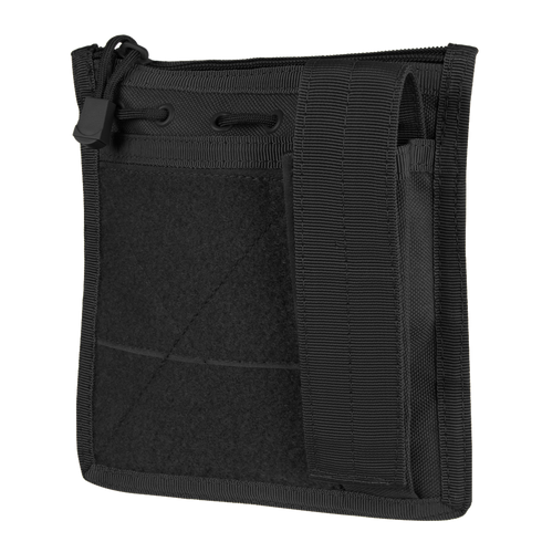 The Condor Admin Pouch is a black, square tactical pouch featuring a front pocket, zipper closure, and a wide strap on the right side.
