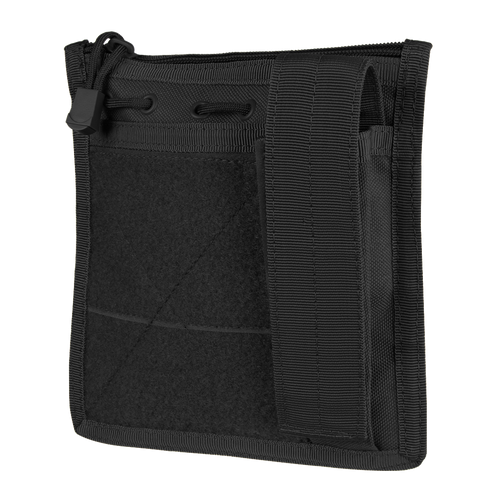 The Condor Admin Pouch is a black, square tactical pouch featuring a front pocket, zipper closure, and a wide strap on the right side.