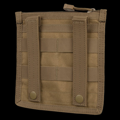 The Condor Admin Pouch is a tan tactical pouch featuring MOLLE straps and snap buttons on the back, designed for secure attachment to compatible gear.