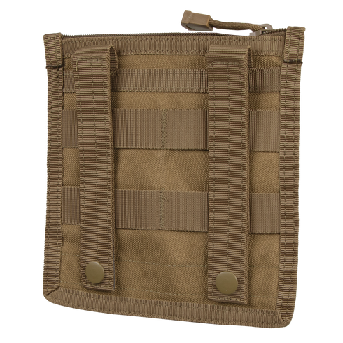 The Condor Admin Pouch is a tan tactical pouch featuring MOLLE straps and snap buttons on the back, designed for secure attachment to compatible gear.