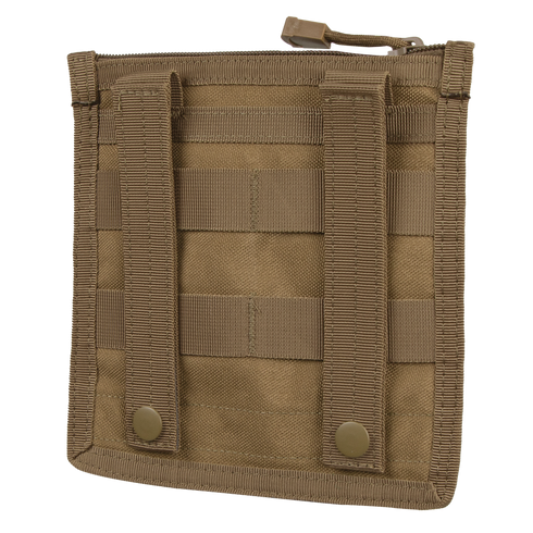 The Condor Admin Pouch is a tan tactical pouch featuring MOLLE straps and snap buttons on the back, designed for secure attachment to compatible gear.