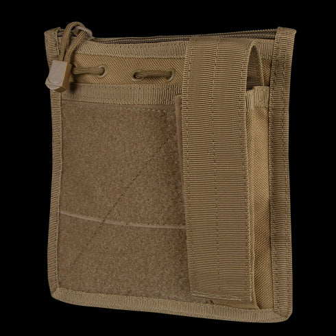 The Condor Admin Pouch is a tan tactical pouch with a front pocket, Velcro panel, and webbing strap, designed for carrying small gear or accessories.