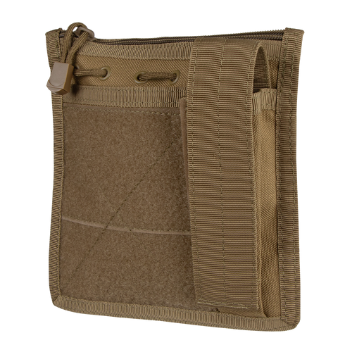 The Condor Admin Pouch is a tan tactical pouch with a front pocket, Velcro panel, and webbing strap, designed for carrying small gear or accessories.