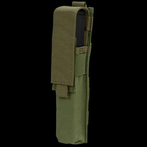 The Condor Single P90 & UMP45 Mag Pouch in Olive Drab features a flap cover and strap, ideal for securely carrying magazines or similar items.