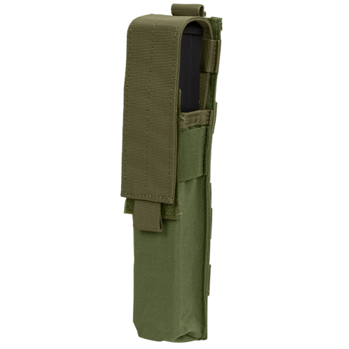 The Condor Single P90 & UMP45 Mag Pouch in Olive Drab features a flap cover and strap, ideal for securely carrying magazines or similar items.