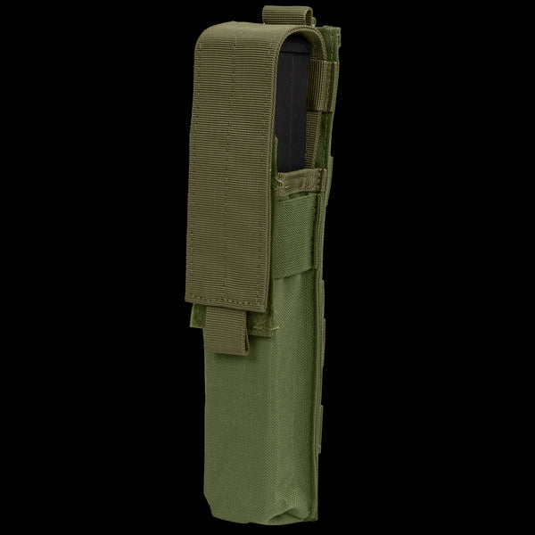 The Condor Single P90 & UMP45 Mag Pouch in Olive Drab features a flap cover and strap, ideal for securely carrying magazines or similar items.