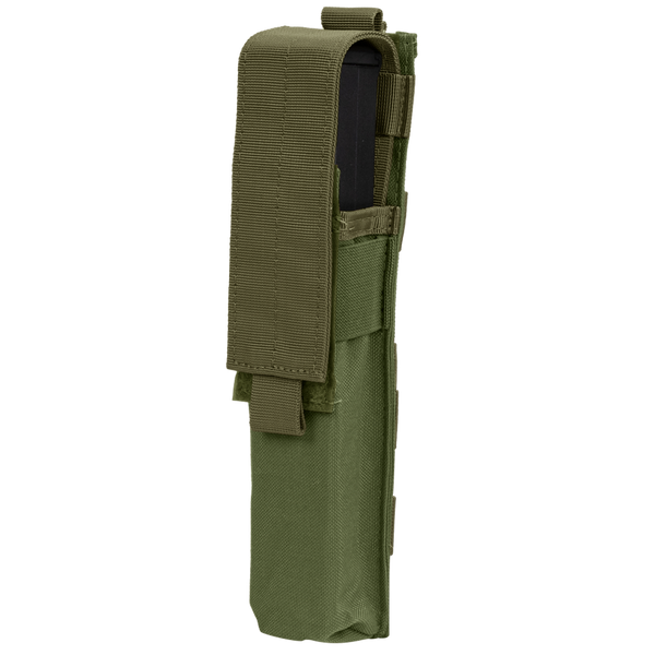 The Condor Single P90 & UMP45 Mag Pouch in Olive Drab features a flap cover and strap, ideal for securely carrying magazines or similar items.