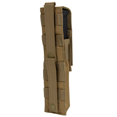 The Condor Single P90 & UMP45 Mag Pouch is a tan MOLLE pouch with a snap-button flap, designed to hold one magazine—perfect for military use or shooting range trips.