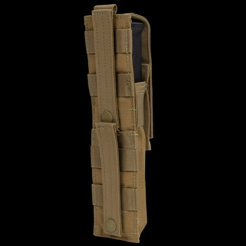 The Condor Single P90 & UMP45 Mag Pouch is a tan MOLLE pouch with a snap-button flap, designed to hold one magazine—perfect for military use or shooting range trips.
