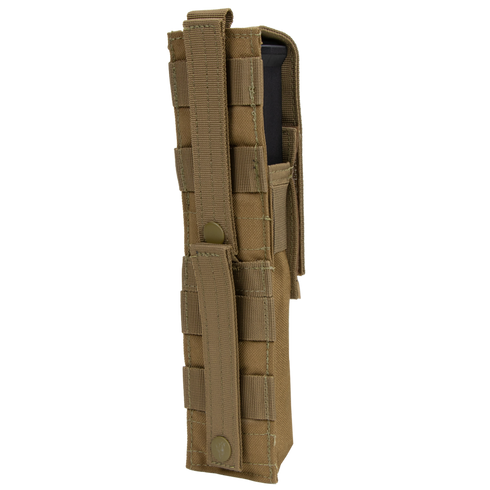 The Condor Single P90 & UMP45 Mag Pouch is a tan MOLLE pouch with a snap-button flap, designed to hold one magazine—perfect for military use or shooting range trips.