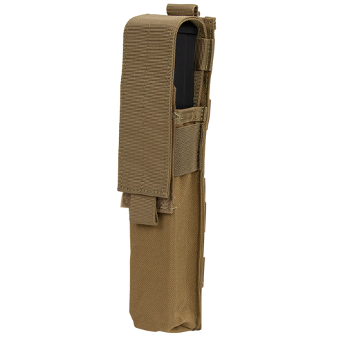 The Condor Single P90 & UMP45 Mag Pouch is a vertical tan nylon pouch with a flap closure and reinforced stitching, designed to securely carry a magazine for military or law enforcement use.