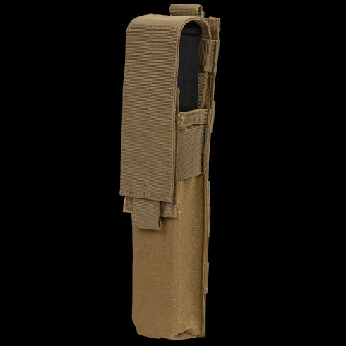 The Condor Single P90 & UMP45 Mag Pouch is a vertical tan nylon pouch with a flap closure and reinforced stitching, designed to securely carry a magazine for military or law enforcement use.