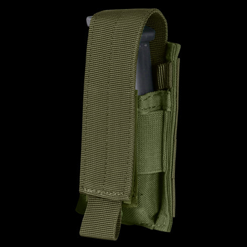 The Condor Single Pistol Mag Pouch in Olive Drab nylon features a flap cover and is partially open to show a magazine inside.