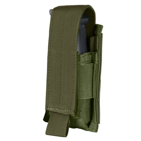 The Condor Single Pistol Mag Pouch in Olive Drab nylon features a flap cover and is partially open to show a magazine inside.