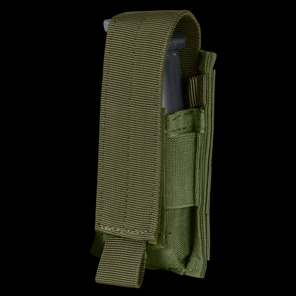 The Condor Single Pistol Mag Pouch in Olive Drab nylon features a flap cover and is partially open to show a magazine inside.